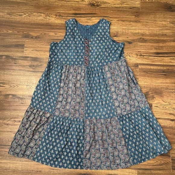 April Cornell Dresses & Skirts - April Cornell Blue Sleeveless Dress Mixed Patchwork Tiered Button Front Women 1X